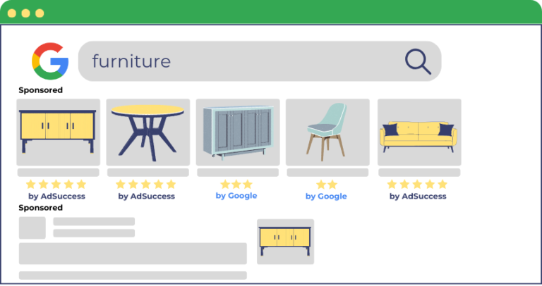 Google paid search advertising listing for furniture displaying cupboard, table, chair and sofa PPC results