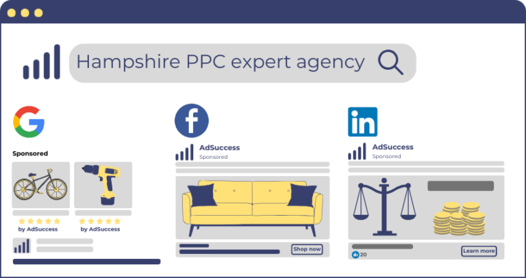 Google, Facebook, Linkedin, paid search listing for Hampshire PPC expect agency