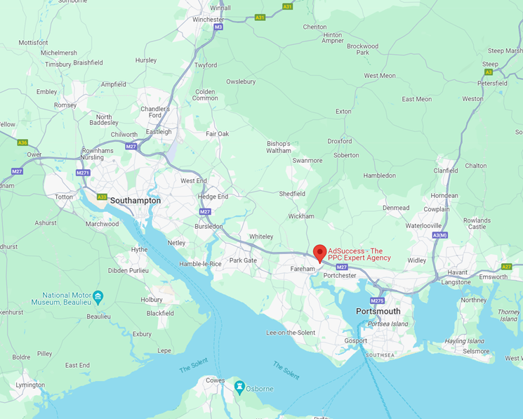 Map of Hampshire showing location of AdSuccess PPC expert agency