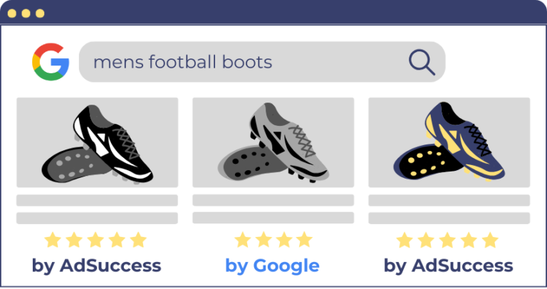 Google Shopping search result for mens football boots showing three pairs of football boots